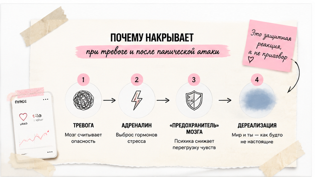 Схема: почему дереализация накрывает при тревоге и после паники