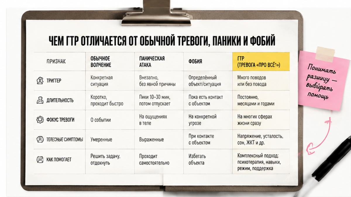 Чеклист отличий ГТР от обычной тревоги, паники и фобий