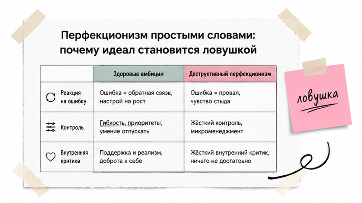 Таблица: адаптивный и деструктивный перфекционизм — в чём разница