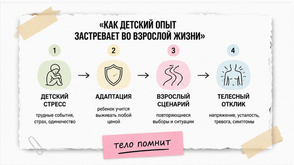 Схема: как детский опыт застревает и проявляется во взрослой жизни