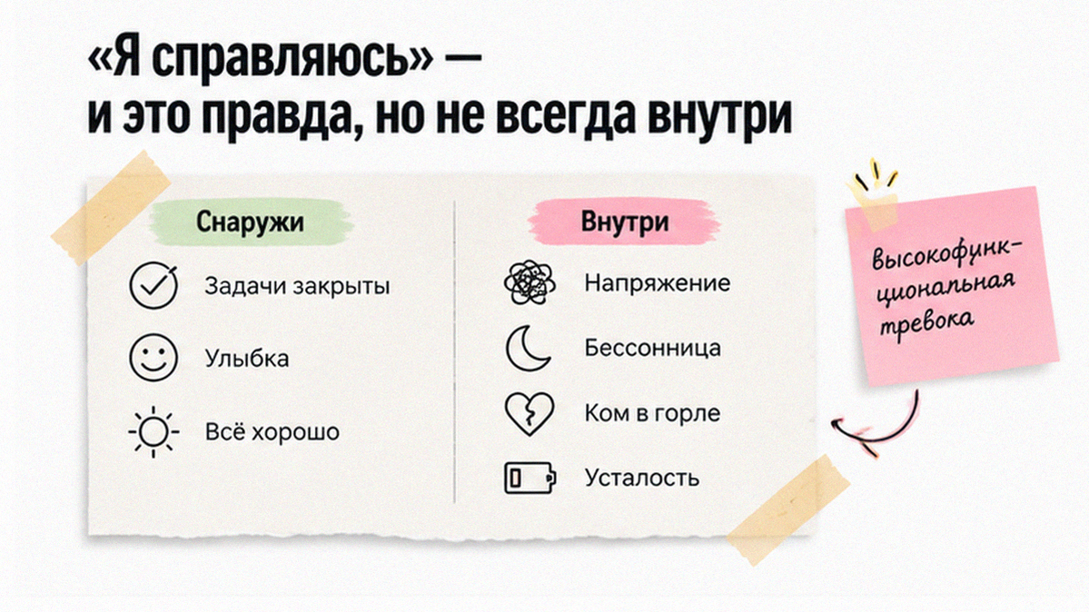 Иллюстрация: «Я справляюсь» — и это правда, но не всегда внутри
