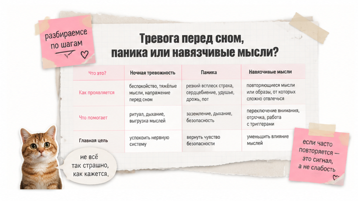 Отличия тревоги перед сном, паники и навязчивых мыслей